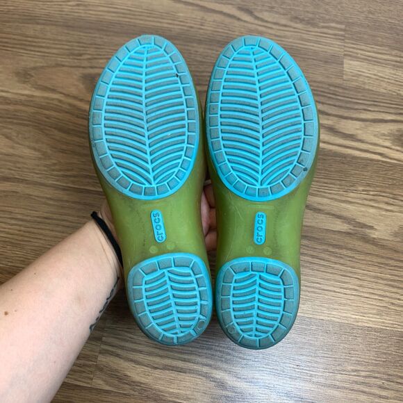 Womens Sz 7 Crocs Carlie Peep Toe Slip On Ballet Flats Sandals Green Jelly Shoes - Picture 7 of 9